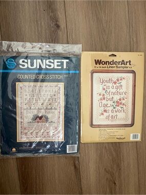 Vintage Sunset & WonderArt Cross Stitch Sampler Kit Lot